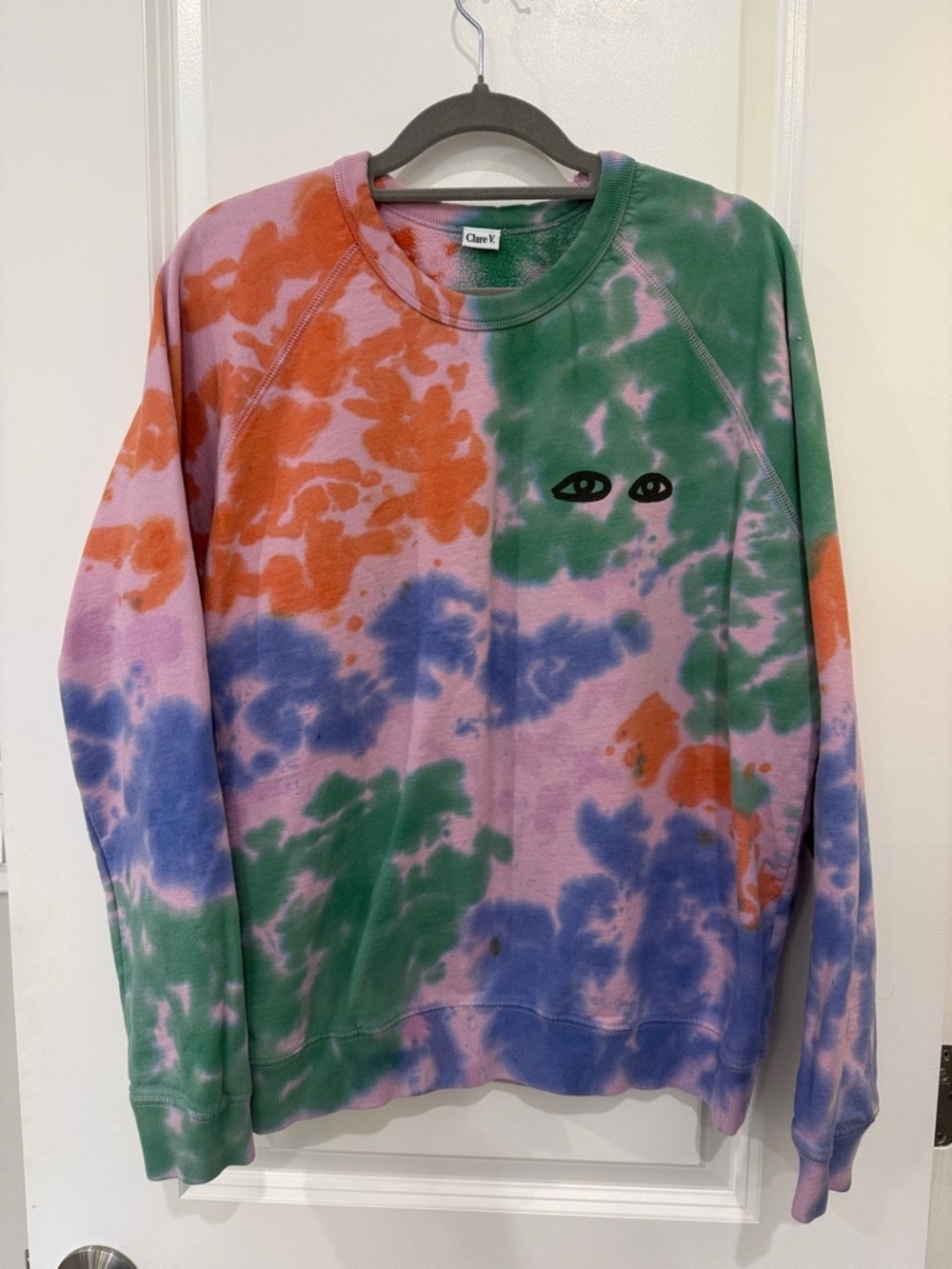 Clare V Tie-Dye Crewneck Sweatshirt in Lavender, Green & Orange with Eye Motif